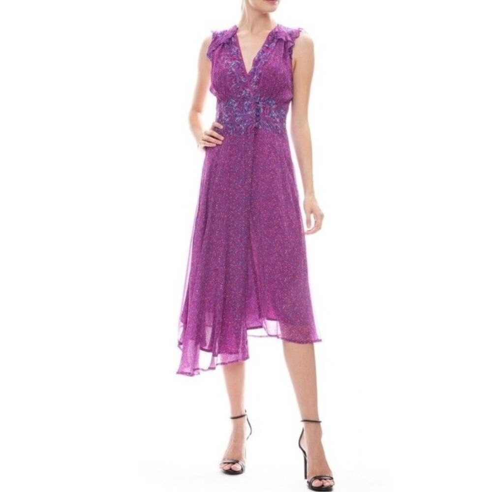 ba&sh Purple Floral Midi Dress Medium V Neck Pleated Boho Romantic Fairy